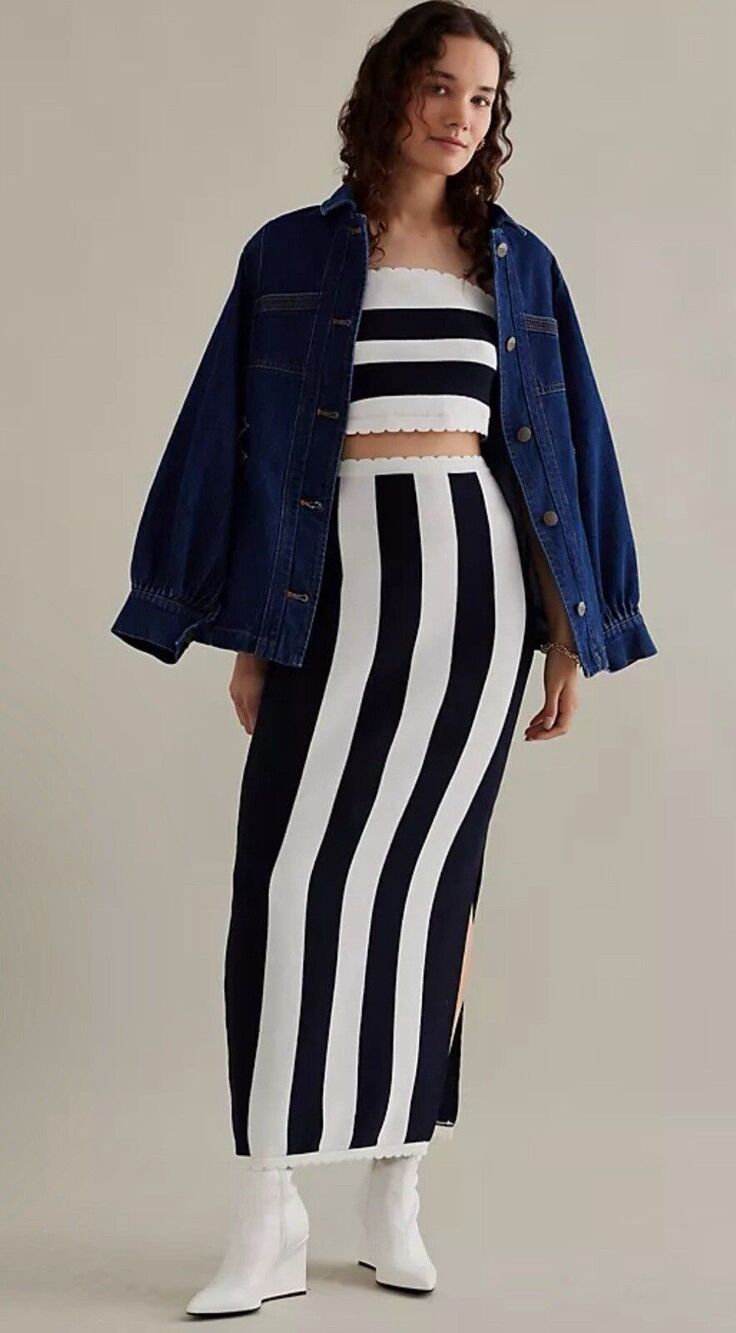 Anthropologie Knit Skirt Midi Mandy Black White Stripe Pull On Preppy Sz M NWT